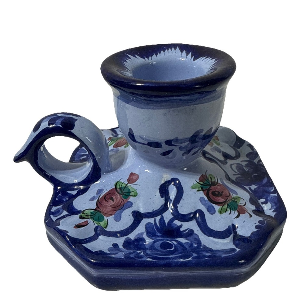 Vintage Portugal Hand Painted Ceramic Single Candle Holder‎ Signed Handpainted